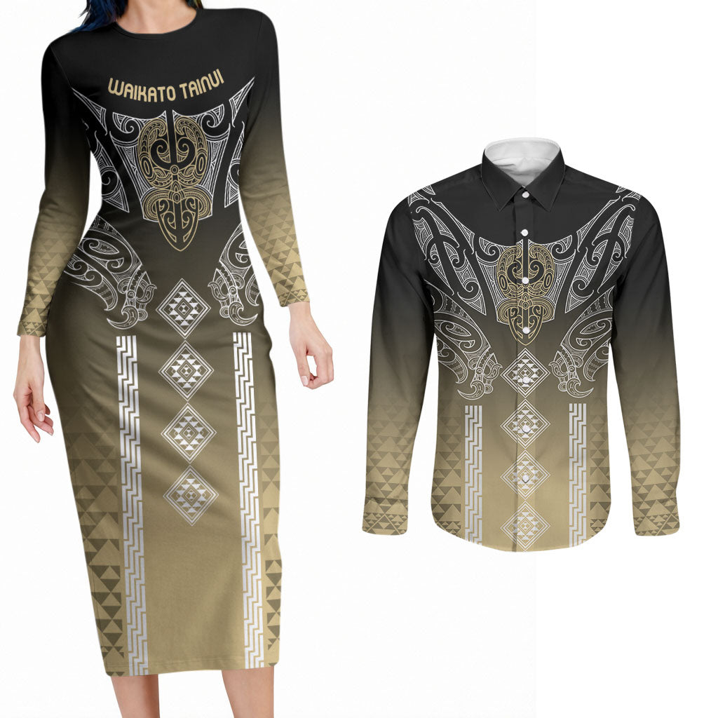 Aotearoa Maori Iwi Heritage Couples Matching Long Sleeve Bodycon Dress and Long Sleeve Button Shirt Waikato Tainui Parauri LT7 Earth Gold - Polynesian Pride