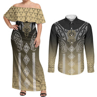 Aotearoa Maori Iwi Heritage Couples Matching Off Shoulder Maxi Dress and Long Sleeve Button Shirt Waikato Tainui Parauri LT7 Earth Gold - Polynesian Pride