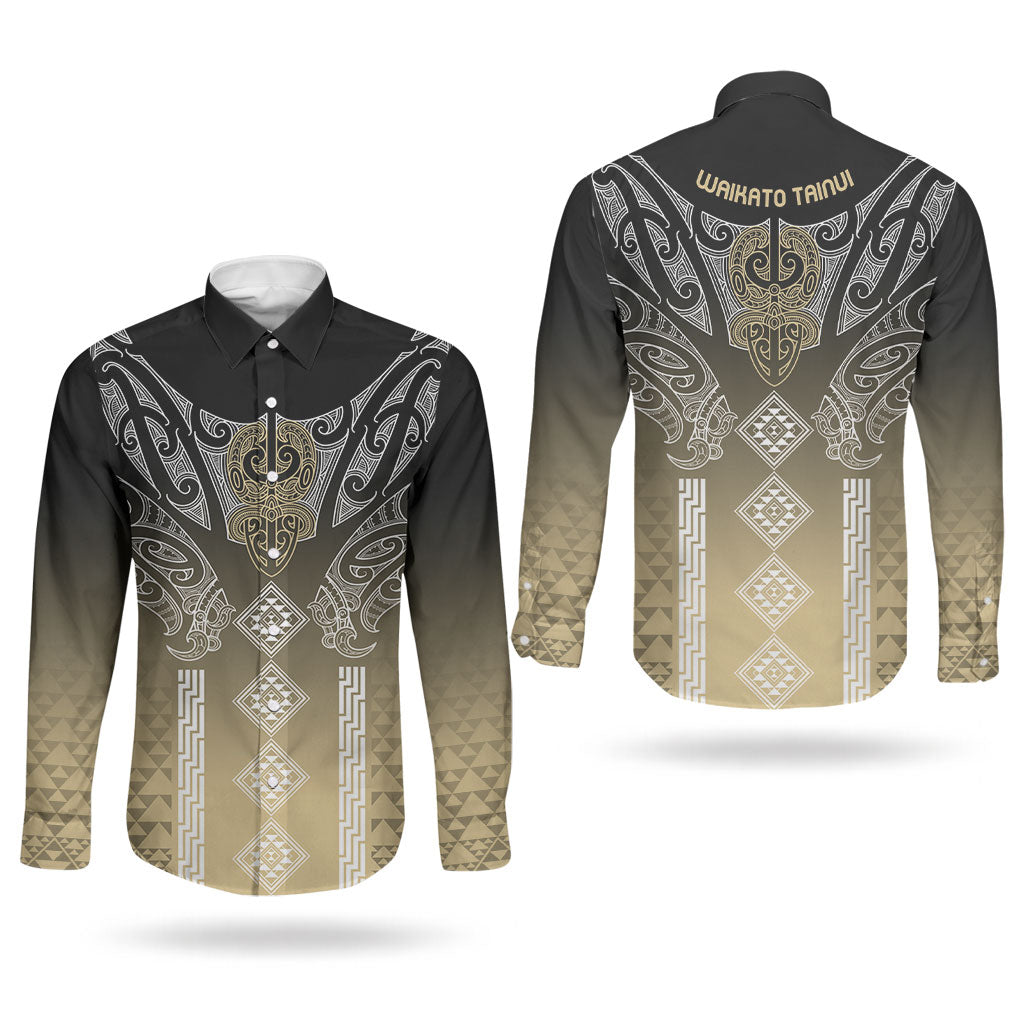 Aotearoa Maori Iwi Heritage Couples Matching Off Shoulder Maxi Dress and Long Sleeve Button Shirt Waikato Tainui Parauri LT7 - Polynesian Pride