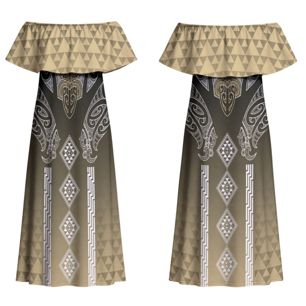 Aotearoa Maori Iwi Heritage Couples Matching Off Shoulder Maxi Dress and Long Sleeve Button Shirt Waikato Tainui Parauri LT7 - Polynesian Pride