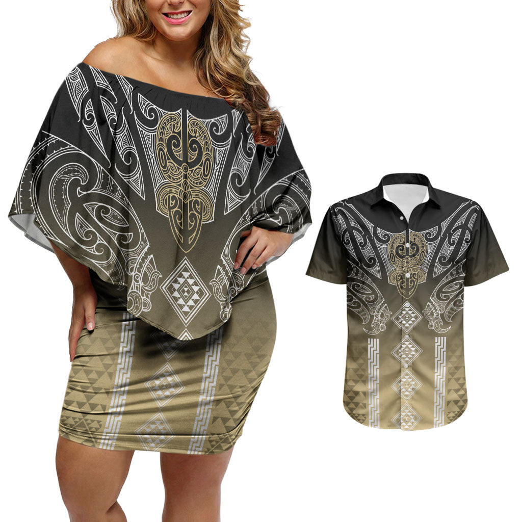 Aotearoa Maori Iwi Heritage Couples Matching Off Shoulder Short Dress and Hawaiian Shirt Waikato Tainui Parauri LT7 Earth Gold - Polynesian Pride