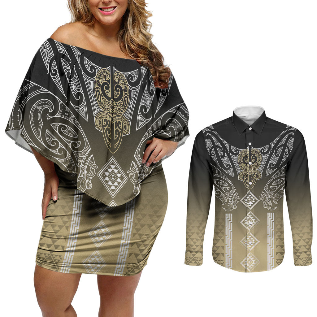 Aotearoa Maori Iwi Heritage Couples Matching Off Shoulder Short Dress and Long Sleeve Button Shirt Waikato Tainui Parauri LT7 Earth Gold - Polynesian Pride