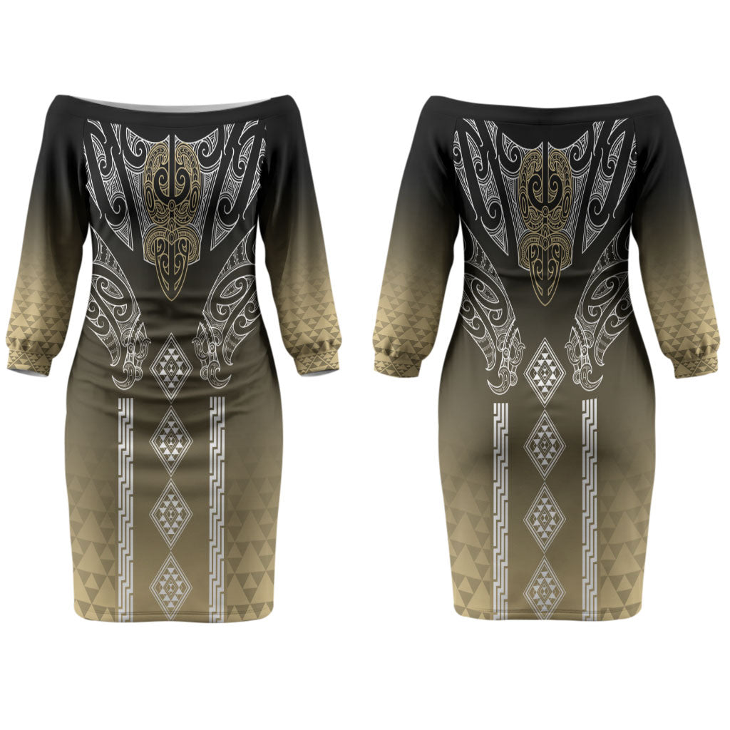 Aotearoa Maori Iwi Heritage Couples Matching Off The Shoulder Long Sleeve Dress and Hawaiian Shirt Waikato Tainui Parauri LT7 - Polynesian Pride