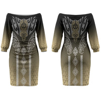 Aotearoa Maori Iwi Heritage Couples Matching Off The Shoulder Long Sleeve Dress and Hawaiian Shirt Waikato Tainui Parauri LT7 - Polynesian Pride