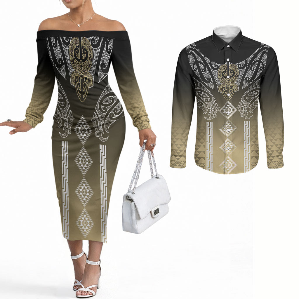 Aotearoa Maori Iwi Heritage Couples Matching Off The Shoulder Long Sleeve Dress and Long Sleeve Button Shirt Waikato Tainui Parauri LT7 Earth Gold - Polynesian Pride