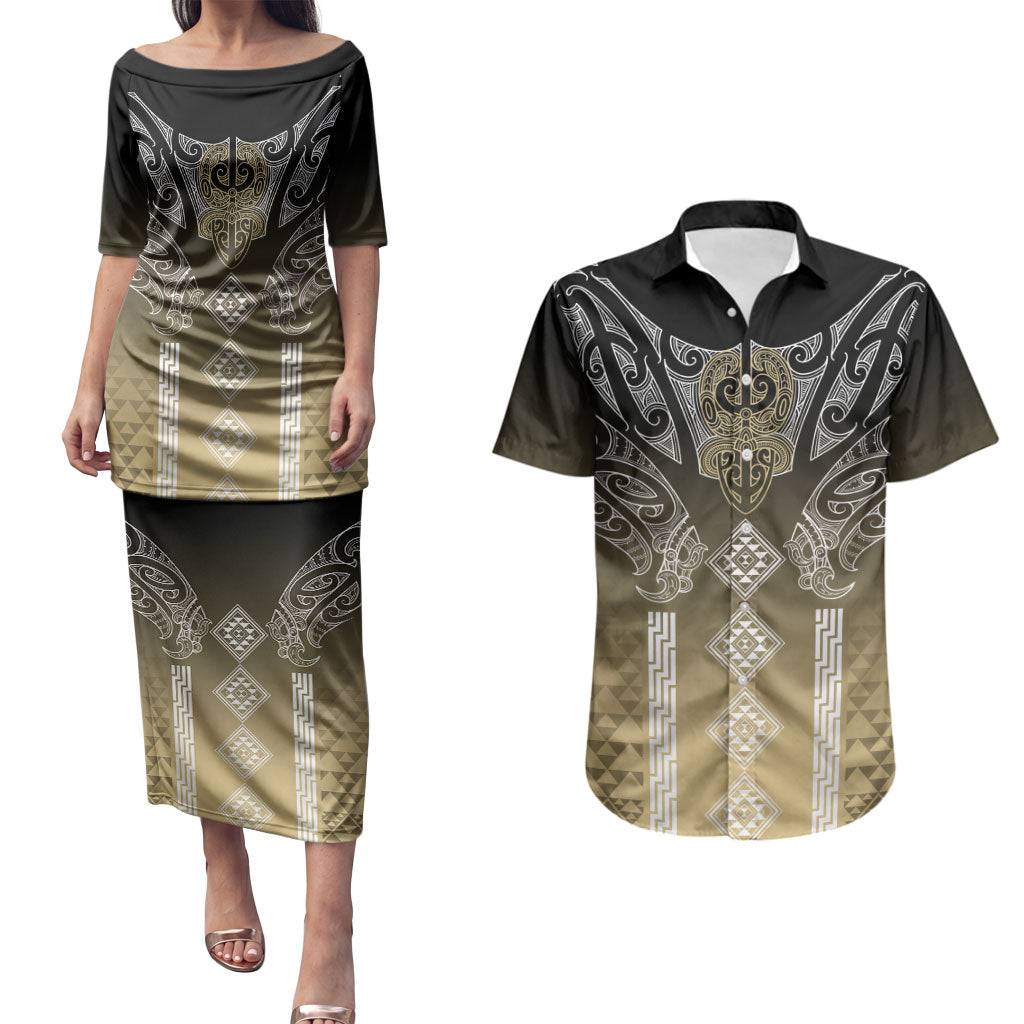 Aotearoa Maori Iwi Heritage Couples Matching Puletasi and Hawaiian Shirt Waikato Tainui Parauri LT7 Earth Gold - Polynesian Pride