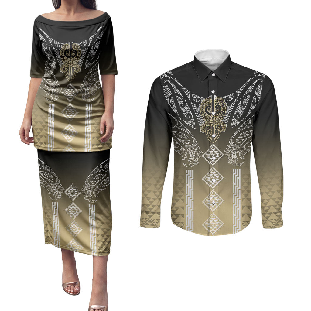 Aotearoa Maori Iwi Heritage Couples Matching Puletasi and Long Sleeve Button Shirt Waikato Tainui Parauri LT7 Earth Gold - Polynesian Pride