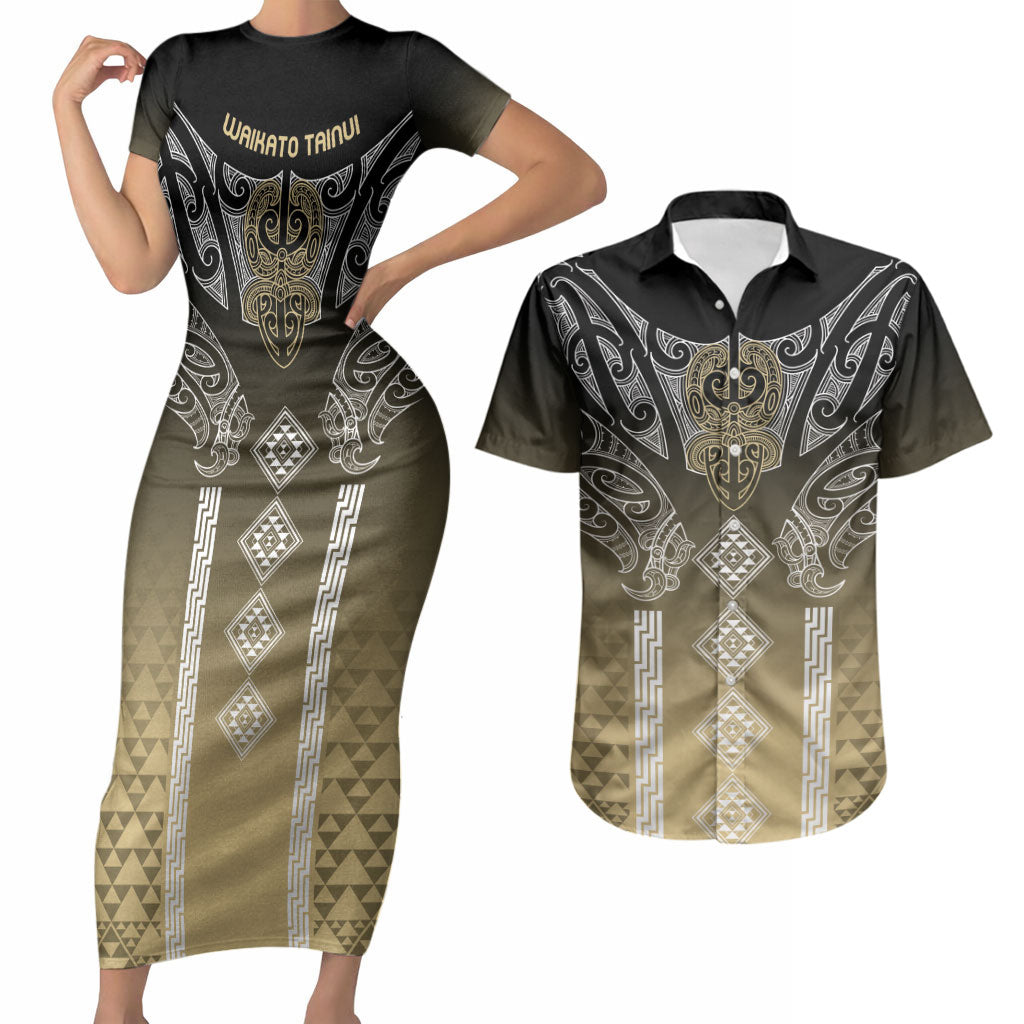 Aotearoa Maori Iwi Heritage Couples Matching Short Sleeve Bodycon Dress and Hawaiian Shirt Waikato Tainui Parauri LT7 Earth Gold - Polynesian Pride