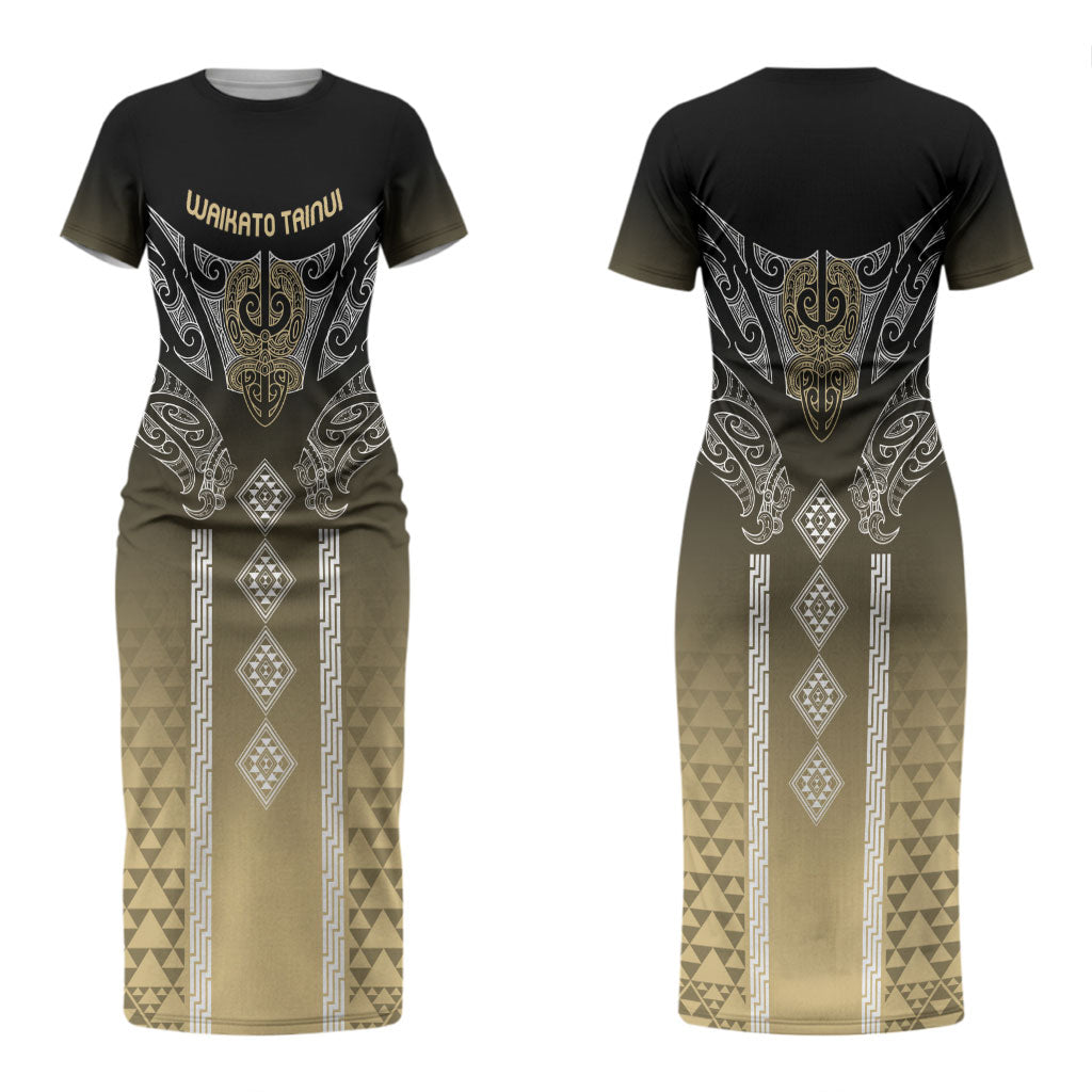 Aotearoa Maori Iwi Heritage Couples Matching Short Sleeve Bodycon Dress and Hawaiian Shirt Waikato Tainui Parauri LT7 - Polynesian Pride