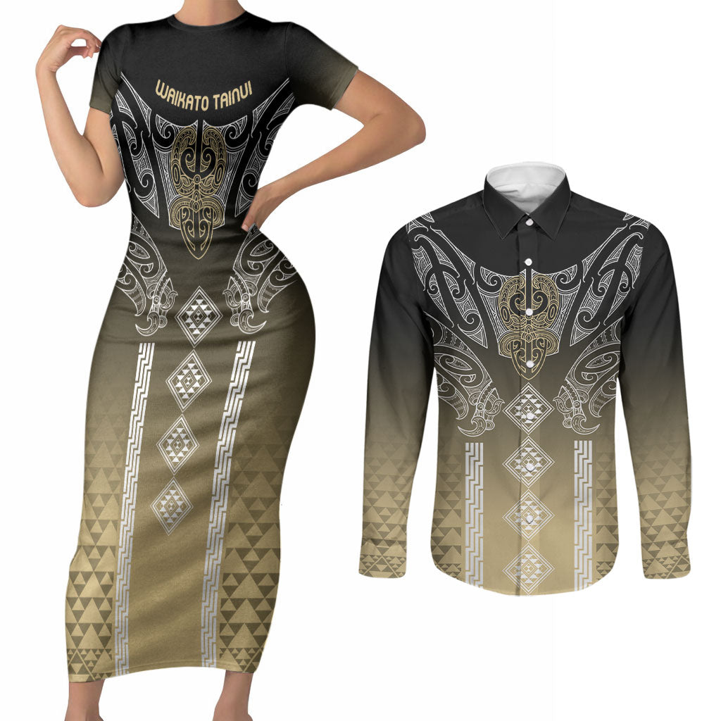 Aotearoa Maori Iwi Heritage Couples Matching Short Sleeve Bodycon Dress and Long Sleeve Button Shirt Waikato Tainui Parauri LT7 Earth Gold - Polynesian Pride