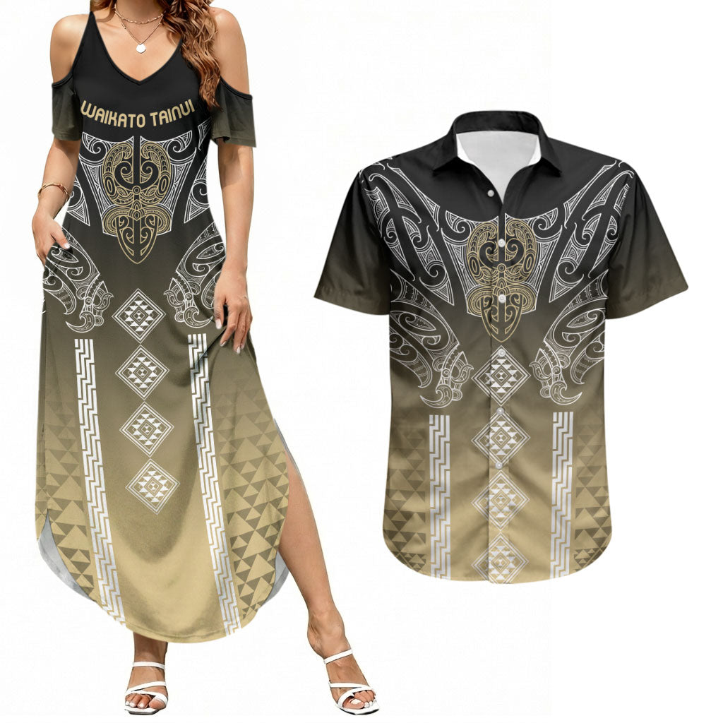 Aotearoa Maori Iwi Heritage Couples Matching Summer Maxi Dress and Hawaiian Shirt Waikato Tainui Parauri LT7 Earth Gold - Polynesian Pride