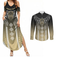 Aotearoa Maori Iwi Heritage Couples Matching Summer Maxi Dress and Long Sleeve Button Shirt Waikato Tainui Parauri LT7 Earth Gold - Polynesian Pride