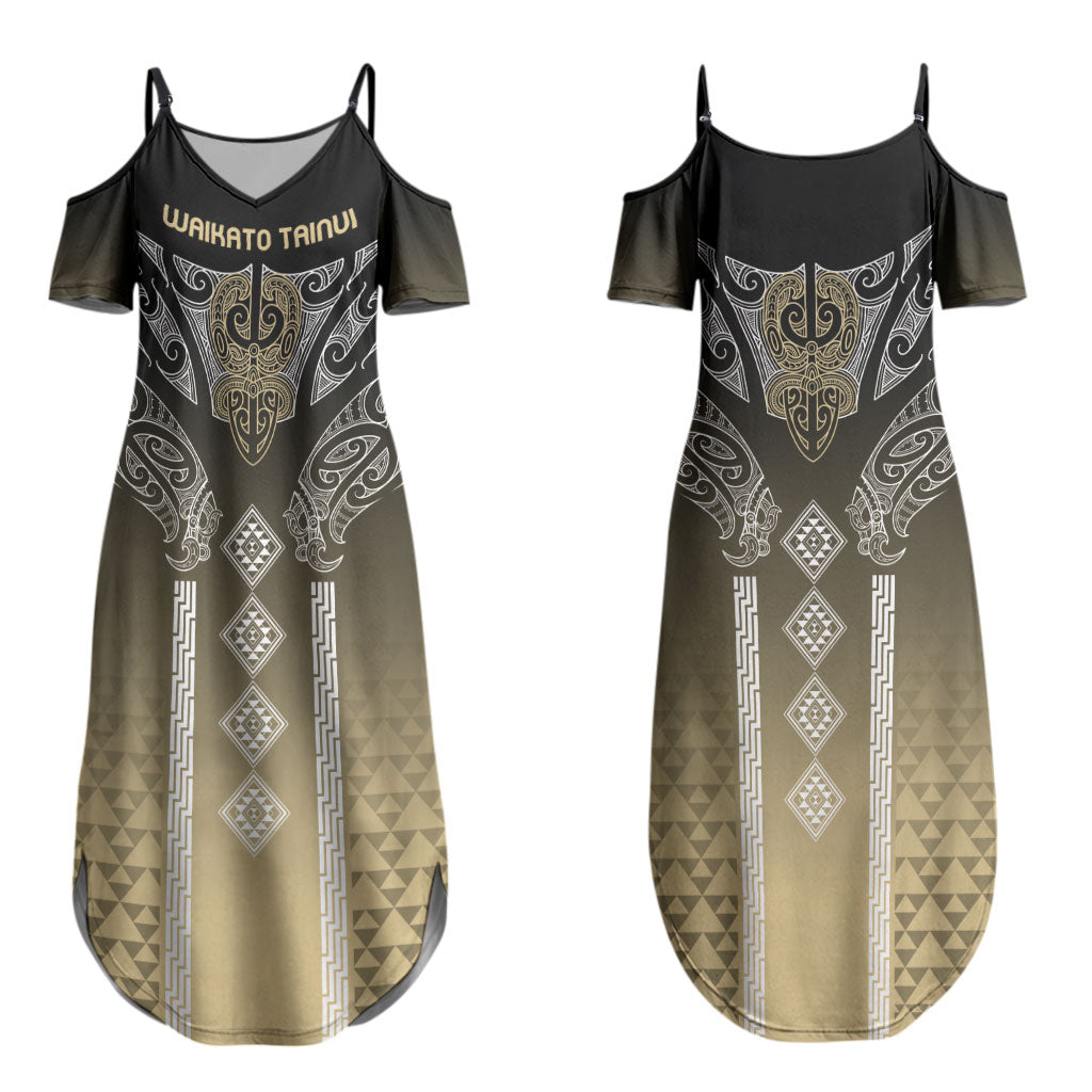 Aotearoa Maori Iwi Heritage Couples Matching Summer Maxi Dress and Long Sleeve Button Shirt Waikato Tainui Parauri LT7 - Polynesian Pride