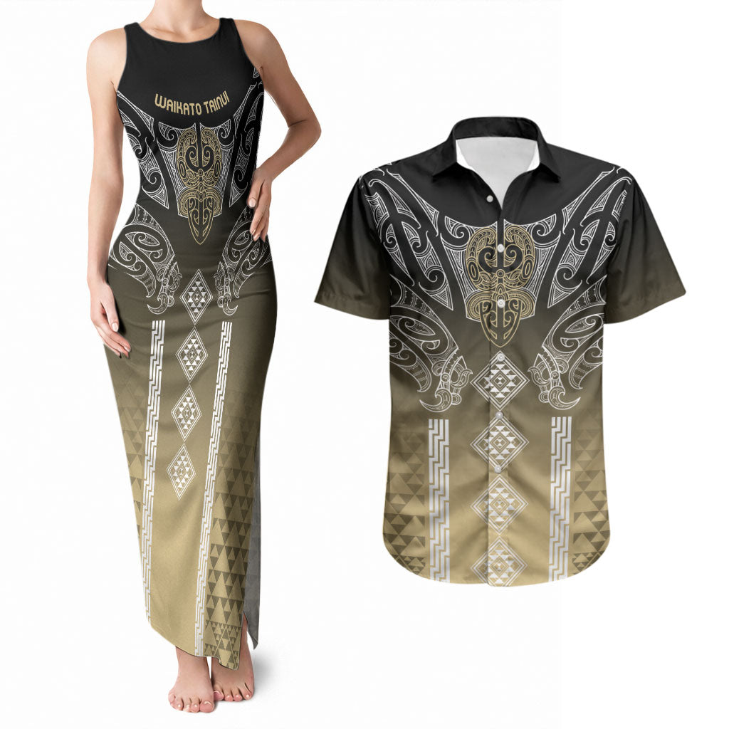 Aotearoa Maori Iwi Heritage Couples Matching Tank Maxi Dress and Hawaiian Shirt Waikato Tainui Parauri LT7 Earth Gold - Polynesian Pride