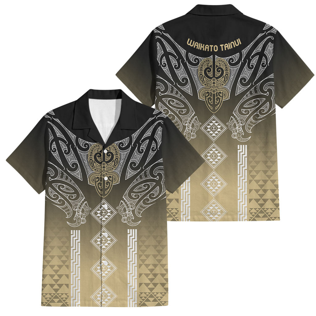 Aotearoa Maori Iwi Heritage Family Matching Long Sleeve Bodycon Dress and Hawaiian Shirt Waikato Tainui Parauri LT7 Dad's Shirt - Short Sleeve Earth Gold - Polynesian Pride