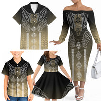 Aotearoa Maori Iwi Heritage Family Matching Off The Shoulder Long Sleeve Dress and Hawaiian Shirt Waikato Tainui Parauri LT7 - Polynesian Pride