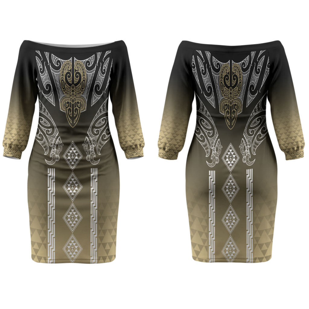 Aotearoa Maori Iwi Heritage Family Matching Off The Shoulder Long Sleeve Dress and Hawaiian Shirt Waikato Tainui Parauri LT7 Mom's Dress Earth Gold - Polynesian Pride