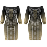 Aotearoa Maori Iwi Heritage Family Matching Off The Shoulder Long Sleeve Dress and Hawaiian Shirt Waikato Tainui Parauri LT7 Mom's Dress Earth Gold - Polynesian Pride