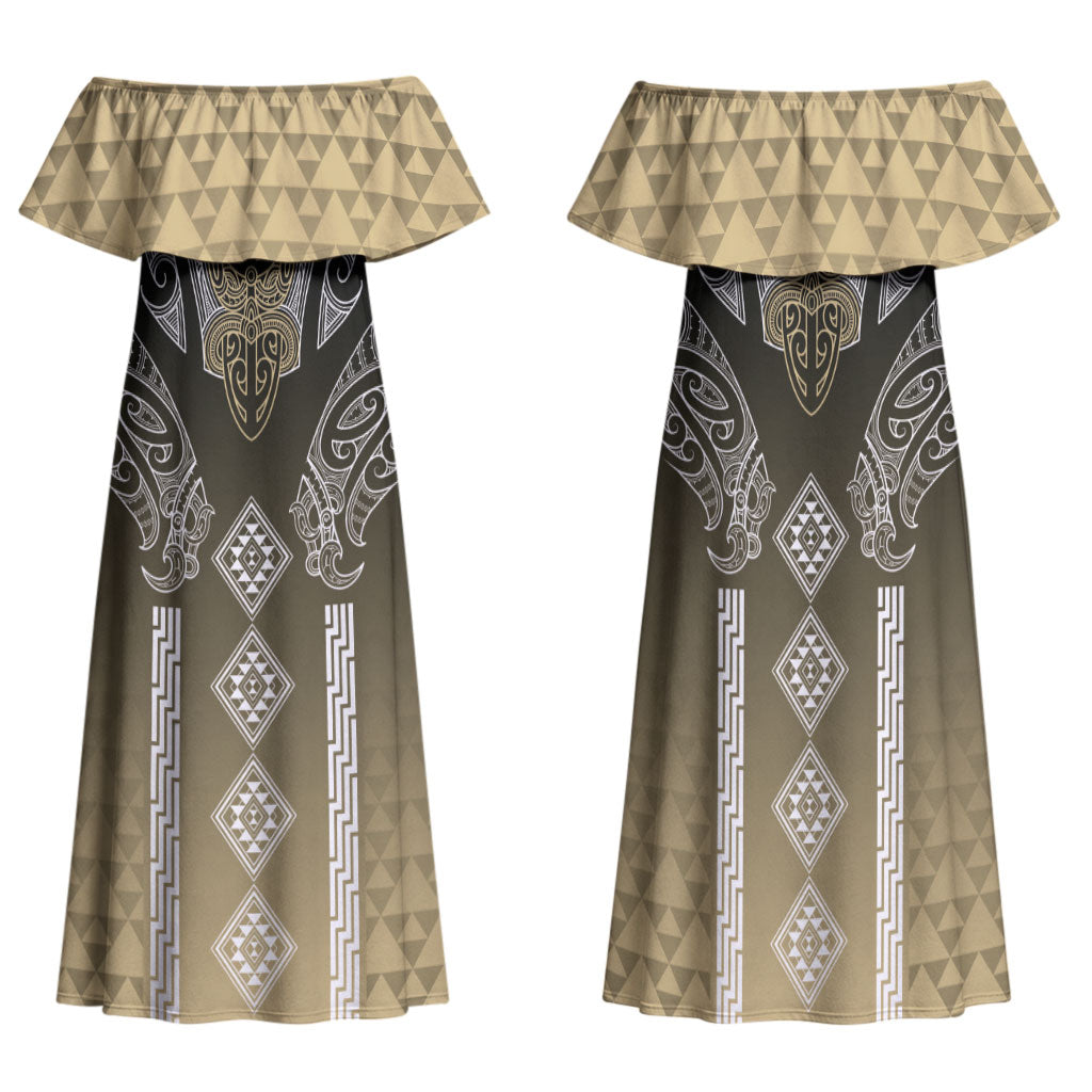 Aotearoa Maori Iwi Heritage Family Matching Off Shoulder Maxi Dress and Hawaiian Shirt Waikato Tainui Parauri LT7 Mom's Dress Earth Gold - Polynesian Pride