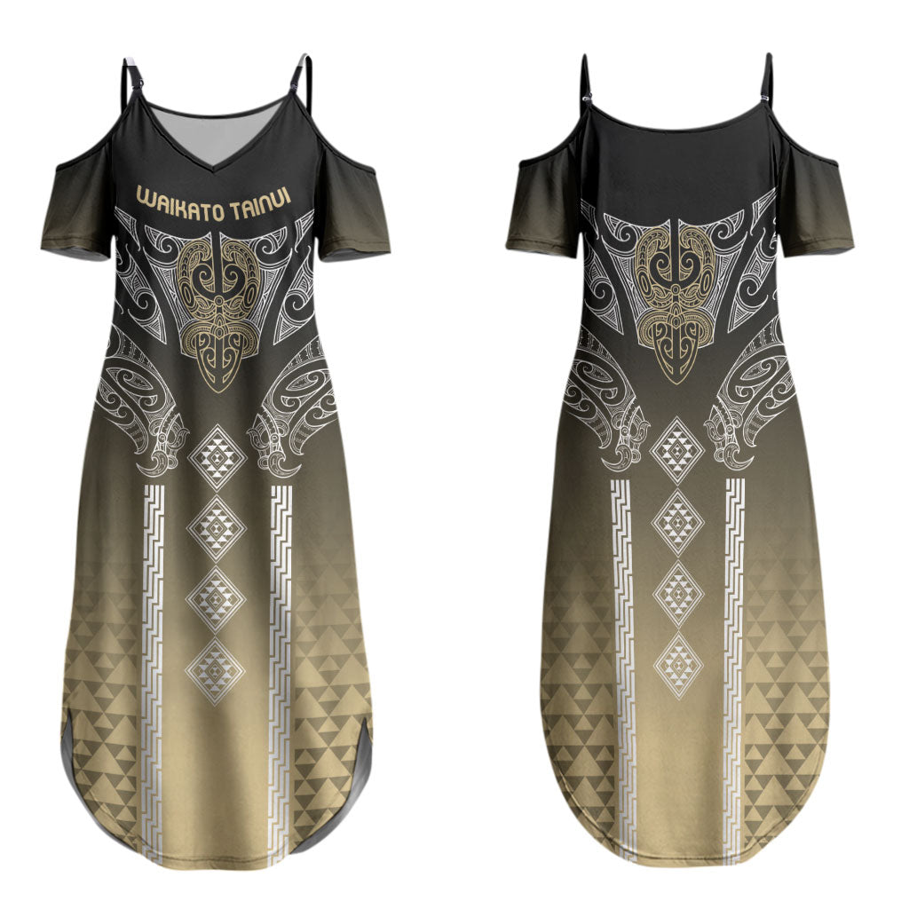 Aotearoa Maori Iwi Heritage Family Matching Summer Maxi Dress and Hawaiian Shirt Waikato Tainui Parauri LT7 Mom's Dress Earth Gold - Polynesian Pride