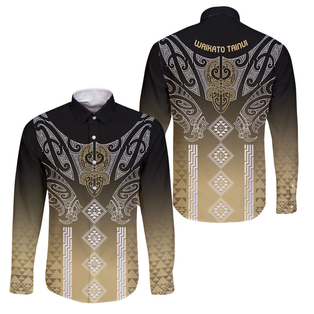 Aotearoa Maori Iwi Heritage Family Matching Summer Maxi Dress and Hawaiian Shirt Waikato Tainui Parauri LT7 Dad's Shirt - Long Sleeve Earth Gold - Polynesian Pride