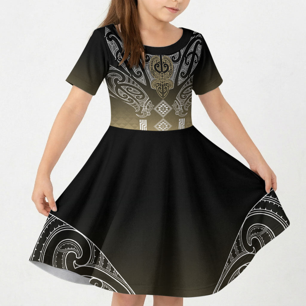 Aotearoa Maori Iwi Heritage Kid Short Sleeve Dress Waikato Tainui Parauri LT7 KID Earth Gold - Polynesian Pride