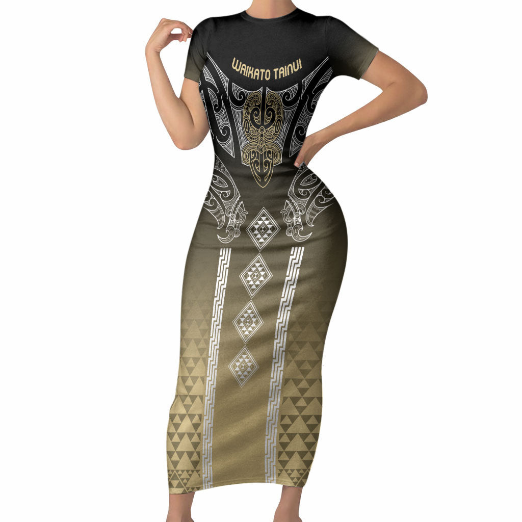Aotearoa Maori Iwi Heritage Short Sleeve Bodycon Dress Waikato Tainui Parauri LT7 Long Dress Earth Gold - Polynesian Pride
