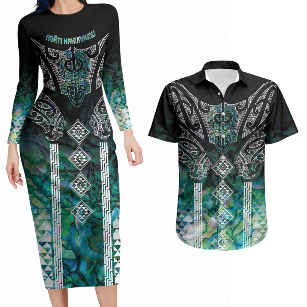 Aotearoa Maori Iwi Heritage Couples Matching Long Sleeve Bodycon Dress and Hawaiian Shirt Ngati Kahungunu Paua Shell Turquoise LT7 Green Blue - Polynesian Pride