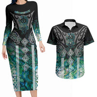 Aotearoa Maori Iwi Heritage Couples Matching Long Sleeve Bodycon Dress and Hawaiian Shirt Ngati Kahungunu Paua Shell Turquoise LT7 Green Blue - Polynesian Pride
