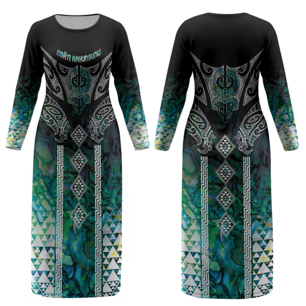 Aotearoa Maori Iwi Heritage Couples Matching Long Sleeve Bodycon Dress and Hawaiian Shirt Ngati Kahungunu Paua Shell Turquoise LT7 - Polynesian Pride