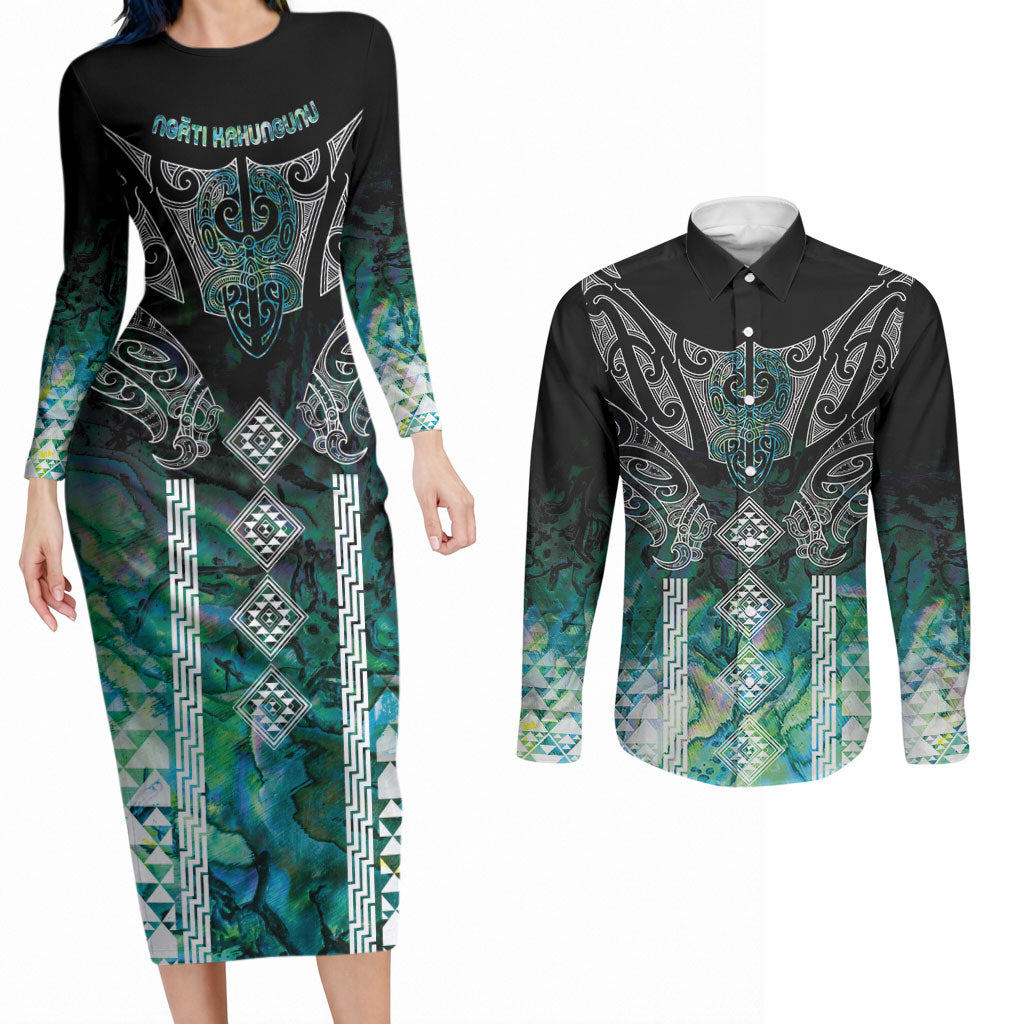 Aotearoa Maori Iwi Heritage Couples Matching Long Sleeve Bodycon Dress and Long Sleeve Button Shirt Ngati Kahungunu Paua Shell Turquoise LT7 Green Blue - Polynesian Pride