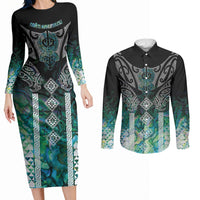 Aotearoa Maori Iwi Heritage Couples Matching Long Sleeve Bodycon Dress and Long Sleeve Button Shirt Ngati Kahungunu Paua Shell Turquoise LT7 Green Blue - Polynesian Pride