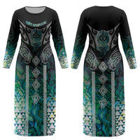 Aotearoa Maori Iwi Heritage Couples Matching Long Sleeve Bodycon Dress and Long Sleeve Button Shirt Ngati Kahungunu Paua Shell Turquoise LT7 - Polynesian Pride