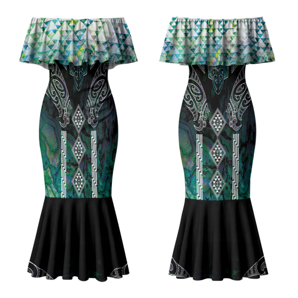 Aotearoa Maori Iwi Heritage Couples Matching Mermaid Dress and Long Sleeve Button Shirt Ngati Kahungunu Paua Shell Turquoise LT7 - Polynesian Pride