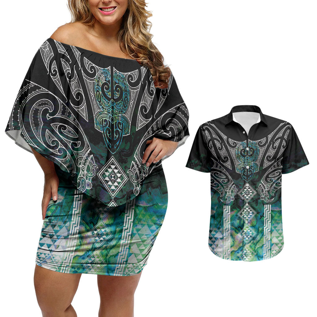 Aotearoa Maori Iwi Heritage Couples Matching Off Shoulder Short Dress and Hawaiian Shirt Ngati Kahungunu Paua Shell Turquoise LT7 Green Blue - Polynesian Pride