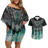 Aotearoa Maori Iwi Heritage Couples Matching Off Shoulder Short Dress and Hawaiian Shirt Ngati Kahungunu Paua Shell Turquoise LT7 Green Blue - Polynesian Pride