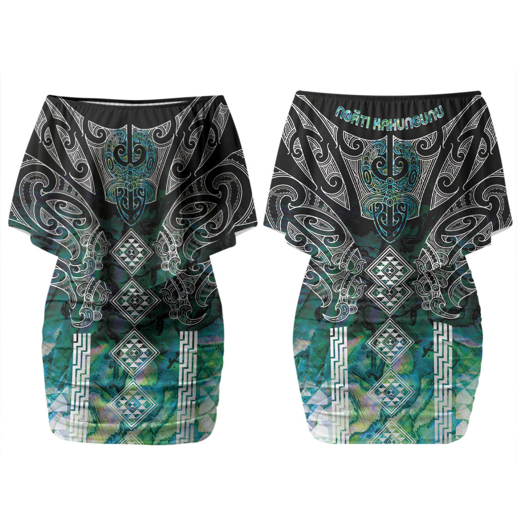 Aotearoa Maori Iwi Heritage Couples Matching Off Shoulder Short Dress and Hawaiian Shirt Ngati Kahungunu Paua Shell Turquoise LT7 - Polynesian Pride