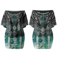 Aotearoa Maori Iwi Heritage Couples Matching Off Shoulder Short Dress and Hawaiian Shirt Ngati Kahungunu Paua Shell Turquoise LT7 - Polynesian Pride