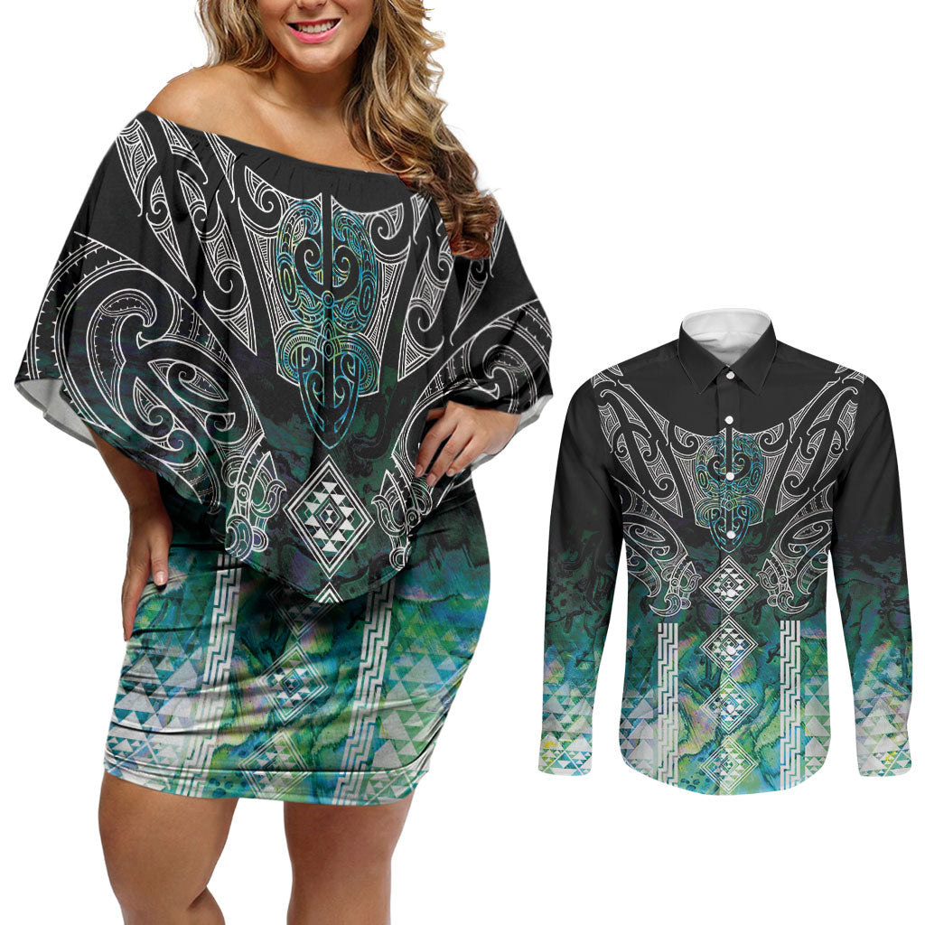 Aotearoa Maori Iwi Heritage Couples Matching Off Shoulder Short Dress and Long Sleeve Button Shirt Ngati Kahungunu Paua Shell Turquoise LT7 Green Blue - Polynesian Pride