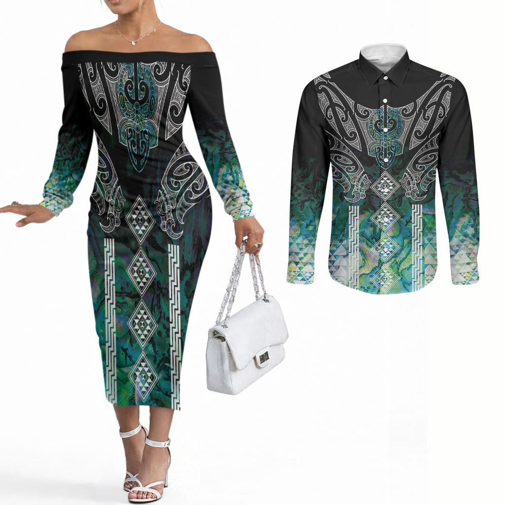 Aotearoa Maori Iwi Heritage Couples Matching Off The Shoulder Long Sleeve Dress and Long Sleeve Button Shirt Ngati Kahungunu Paua Shell Turquoise LT7 Green Blue - Polynesian Pride