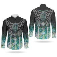 Aotearoa Maori Iwi Heritage Couples Matching Off The Shoulder Long Sleeve Dress and Long Sleeve Button Shirt Ngati Kahungunu Paua Shell Turquoise LT7 - Polynesian Pride