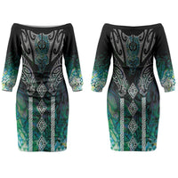Aotearoa Maori Iwi Heritage Couples Matching Off The Shoulder Long Sleeve Dress and Long Sleeve Button Shirt Ngati Kahungunu Paua Shell Turquoise LT7 - Polynesian Pride