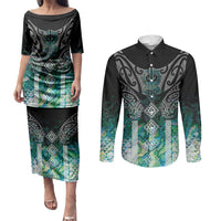 Aotearoa Maori Iwi Heritage Couples Matching Puletasi and Long Sleeve Button Shirt Ngati Kahungunu Paua Shell Turquoise LT7 Green Blue - Polynesian Pride