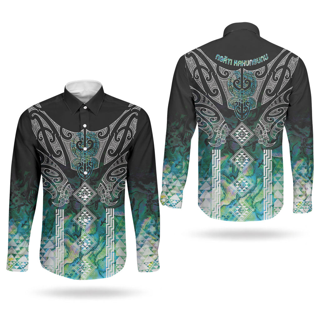 Aotearoa Maori Iwi Heritage Couples Matching Puletasi and Long Sleeve Button Shirt Ngati Kahungunu Paua Shell Turquoise LT7 - Polynesian Pride