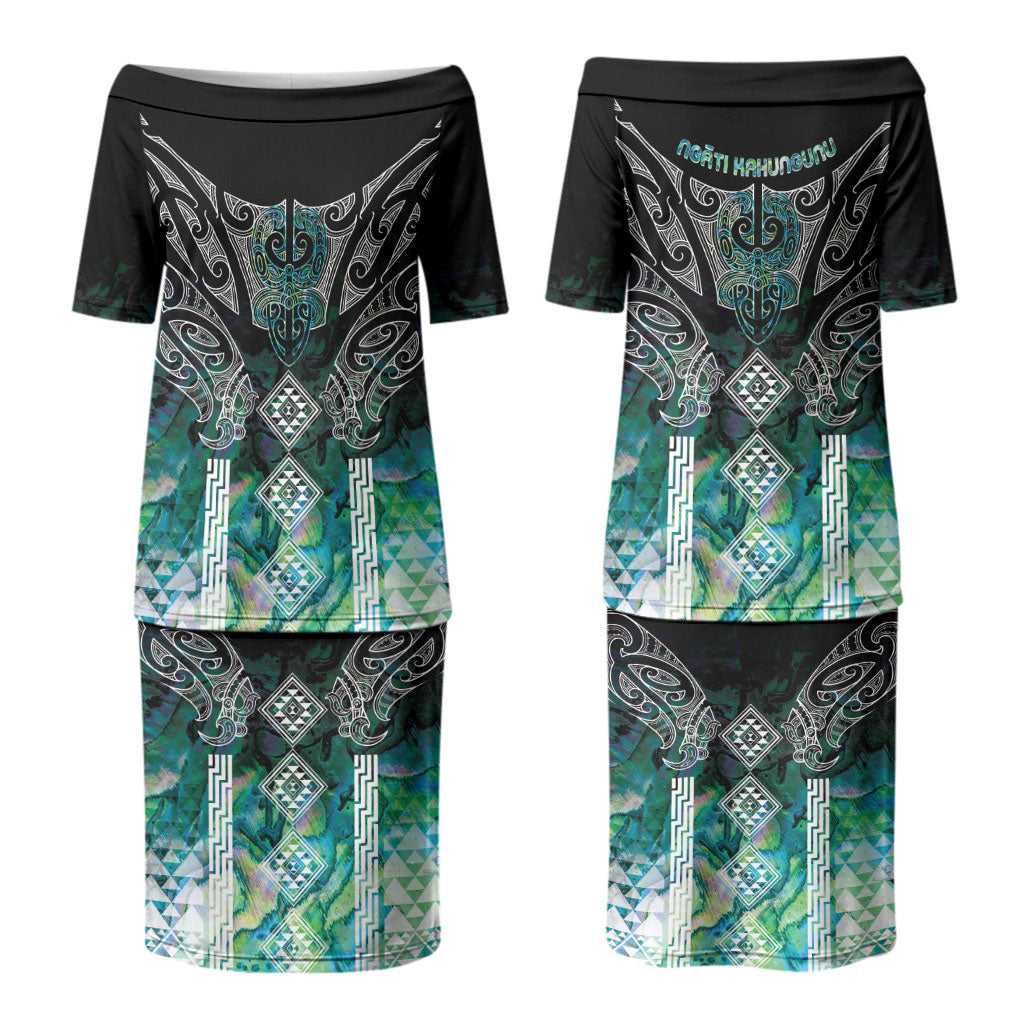 Aotearoa Maori Iwi Heritage Couples Matching Puletasi and Long Sleeve Button Shirt Ngati Kahungunu Paua Shell Turquoise LT7 - Polynesian Pride