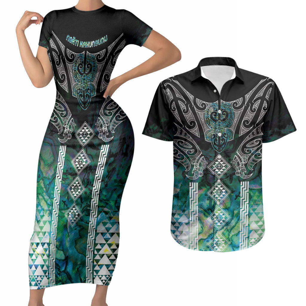 Aotearoa Maori Iwi Heritage Couples Matching Short Sleeve Bodycon Dress and Hawaiian Shirt Ngati Kahungunu Paua Shell Turquoise LT7 Green Blue - Polynesian Pride