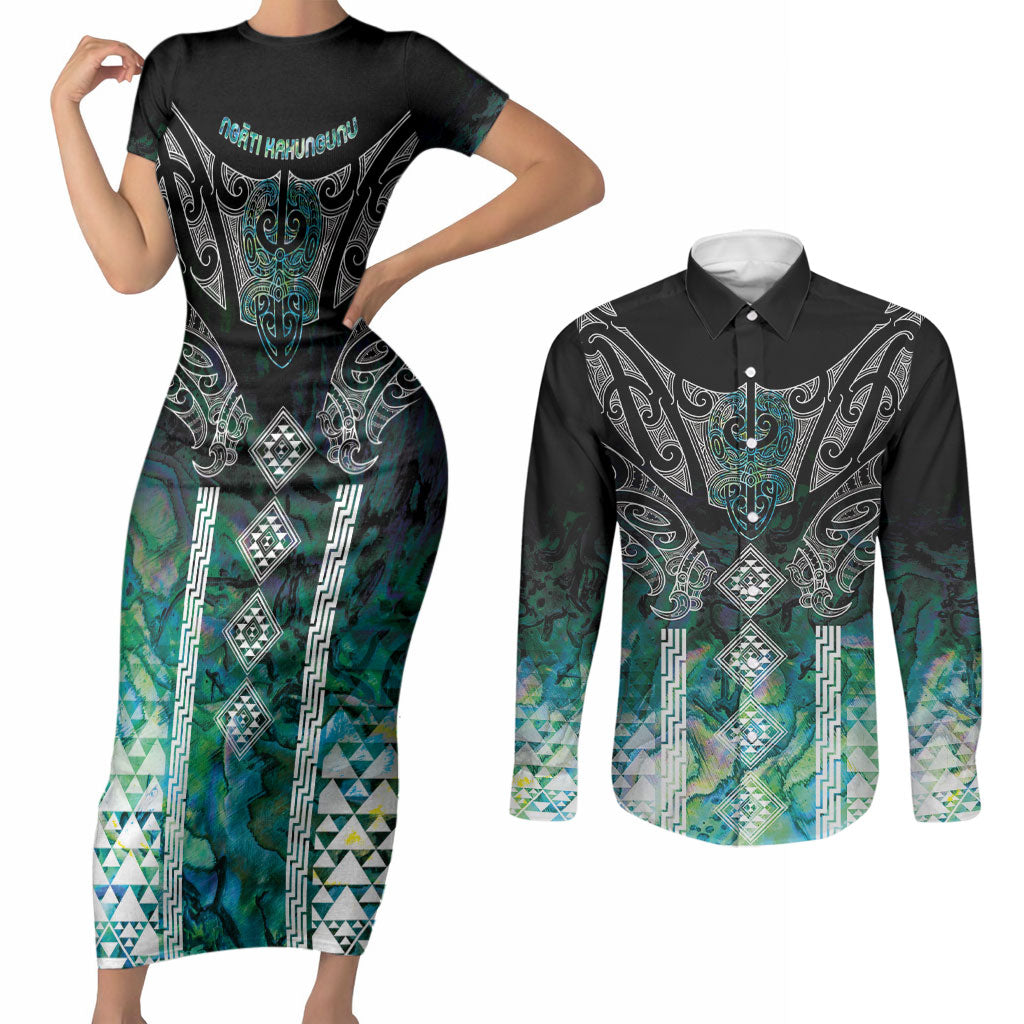 Aotearoa Maori Iwi Heritage Couples Matching Short Sleeve Bodycon Dress and Long Sleeve Button Shirt Ngati Kahungunu Paua Shell Turquoise LT7 Green Blue - Polynesian Pride