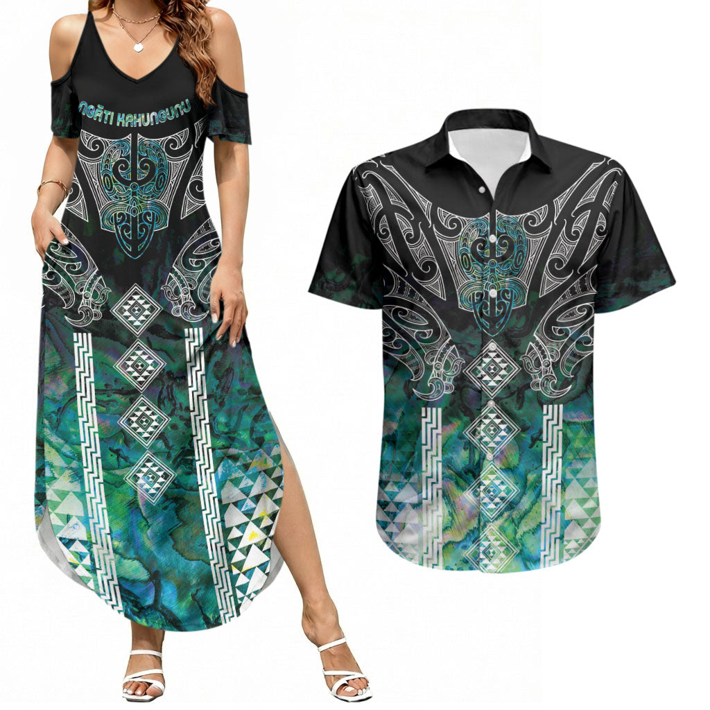 Aotearoa Maori Iwi Heritage Couples Matching Summer Maxi Dress and Hawaiian Shirt Ngati Kahungunu Paua Shell Turquoise LT7 Green Blue - Polynesian Pride