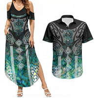 Aotearoa Maori Iwi Heritage Couples Matching Summer Maxi Dress and Hawaiian Shirt Ngati Kahungunu Paua Shell Turquoise LT7 Green Blue - Polynesian Pride