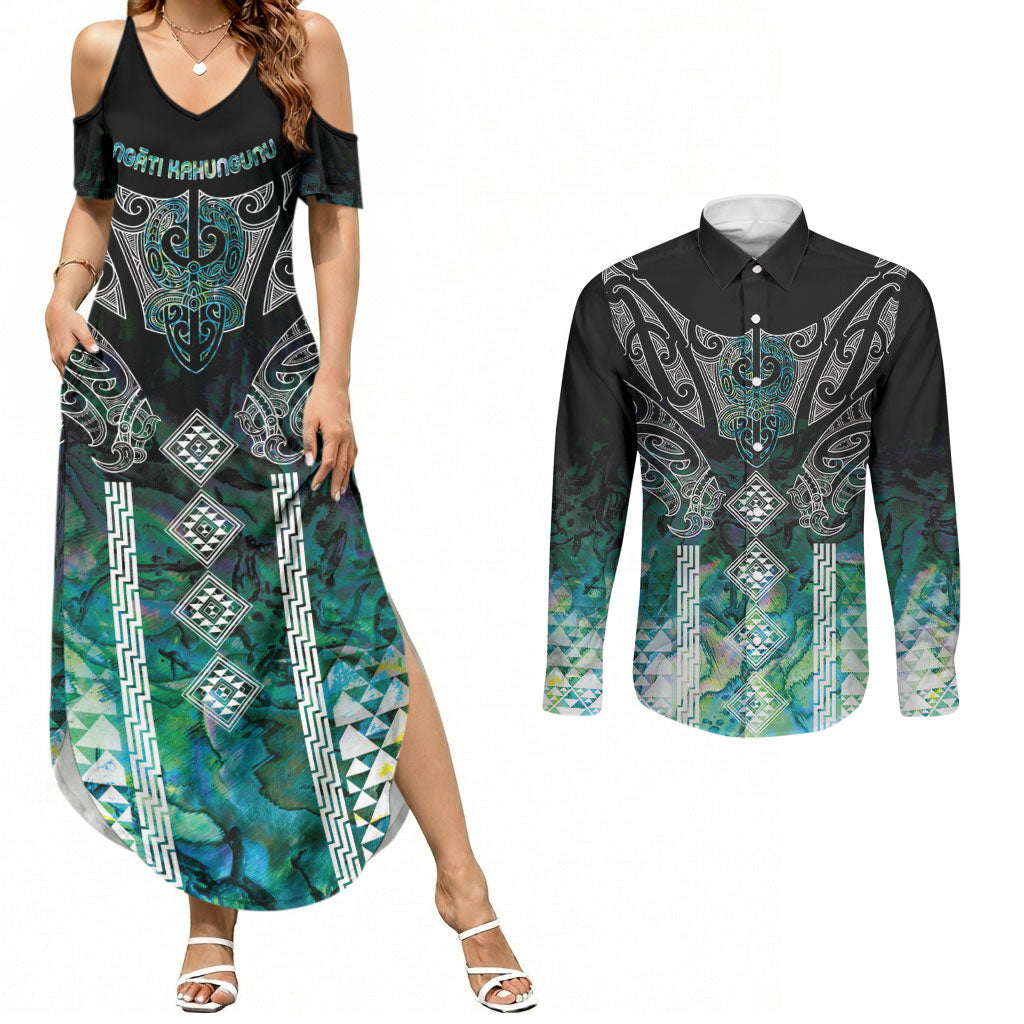 Aotearoa Maori Iwi Heritage Couples Matching Summer Maxi Dress and Long Sleeve Button Shirt Ngati Kahungunu Paua Shell Turquoise LT7 Green Blue - Polynesian Pride